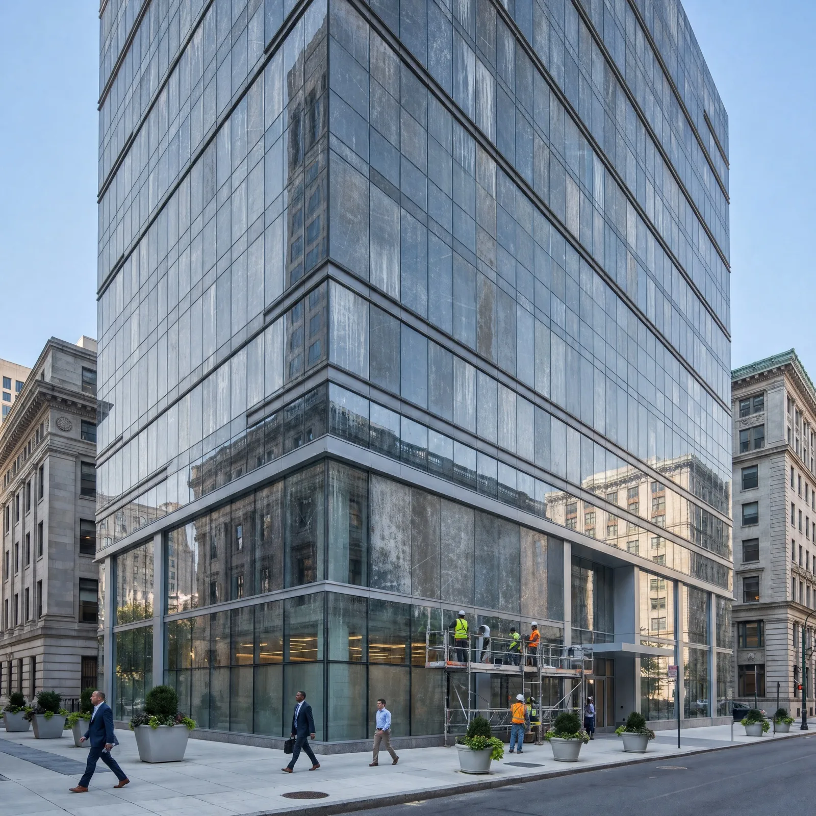 Philadelphia commercial building facade with weathered, scratched glass before exterior refinishing film