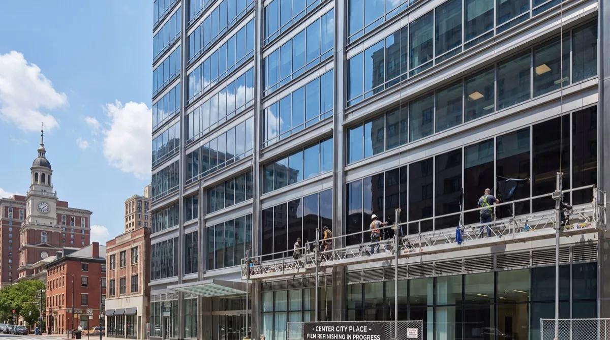 Commercial building exterior with refinishing film applied in Philadelphia