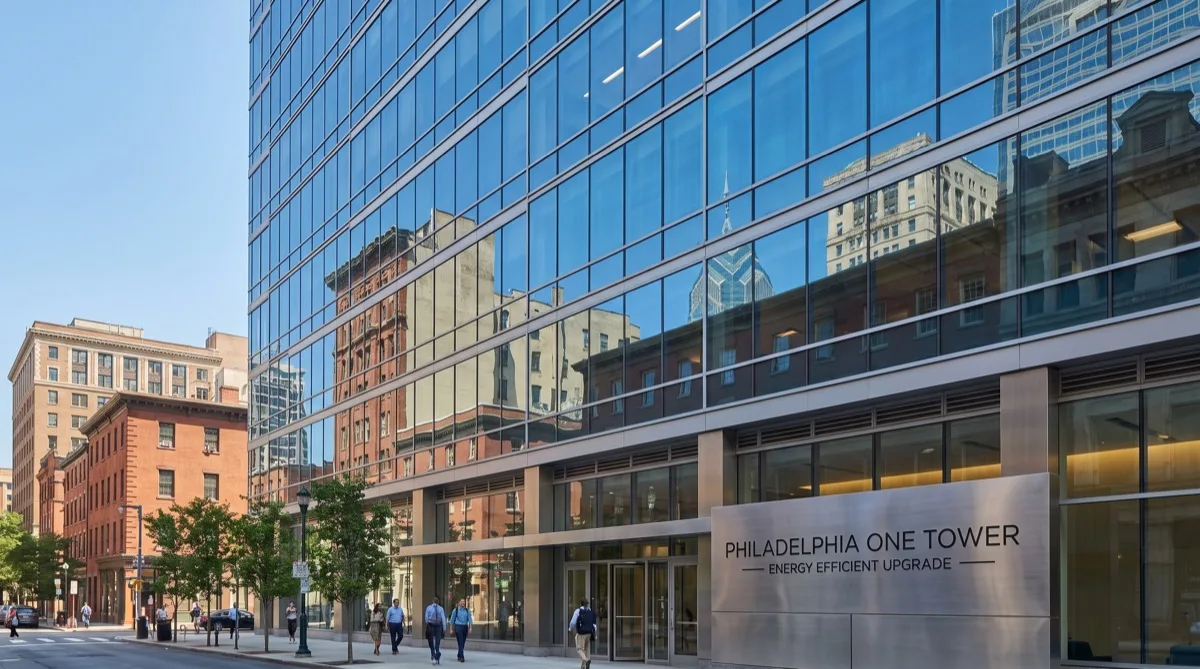 Energy-efficient exterior window film on Philadelphia commercial building glass facade