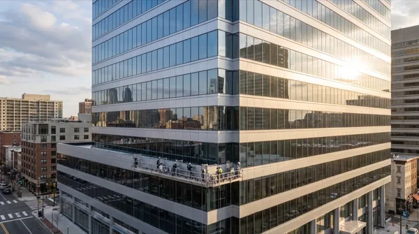 Office tower curtain wall with exterior refinishing film in Philadelphia
