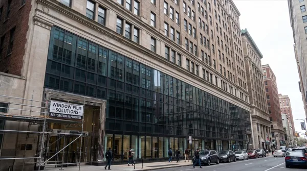 Hotel facade glass restored with exterior refinishing film in Philadelphia
