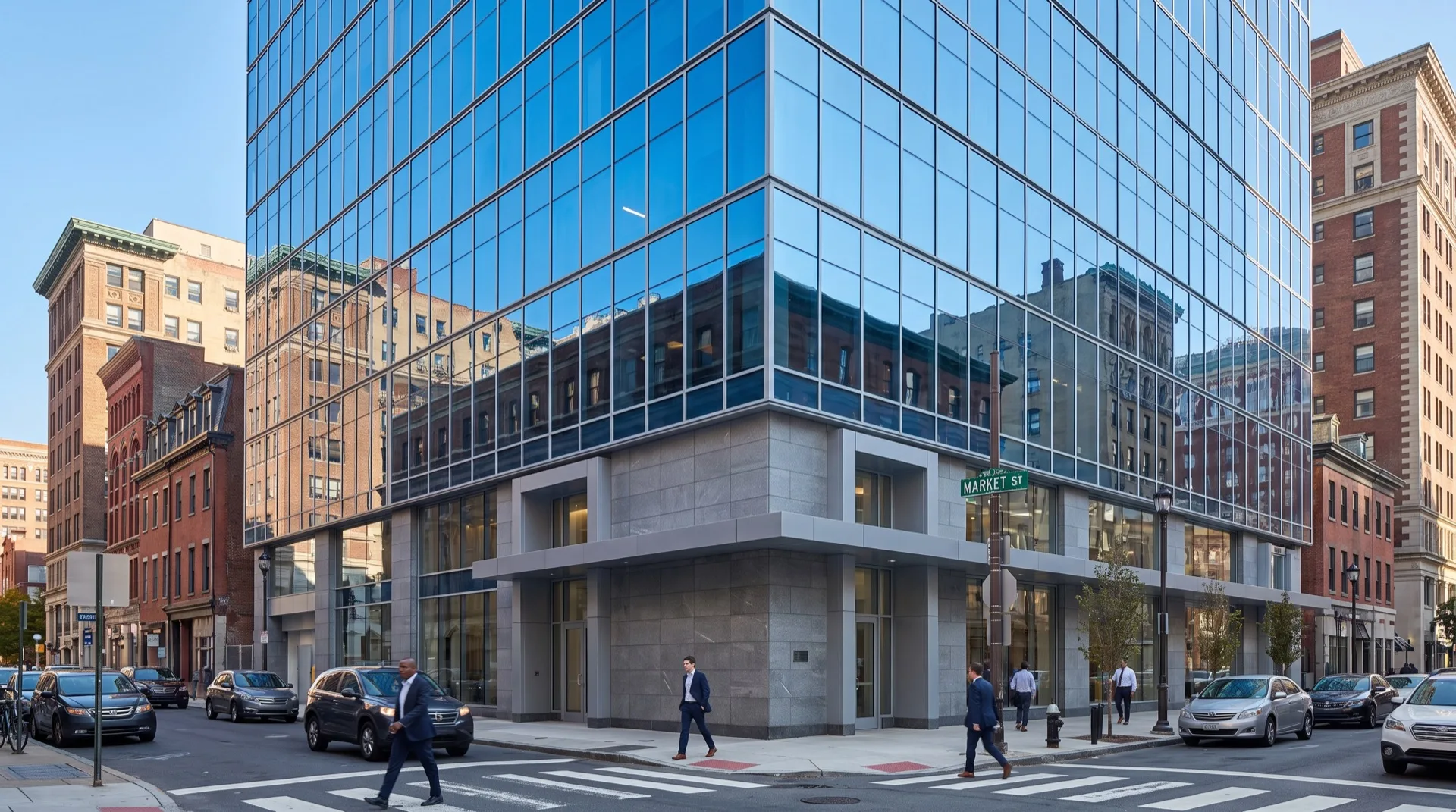 Commercial building facade restored with exterior refinishing film in Philadelphia