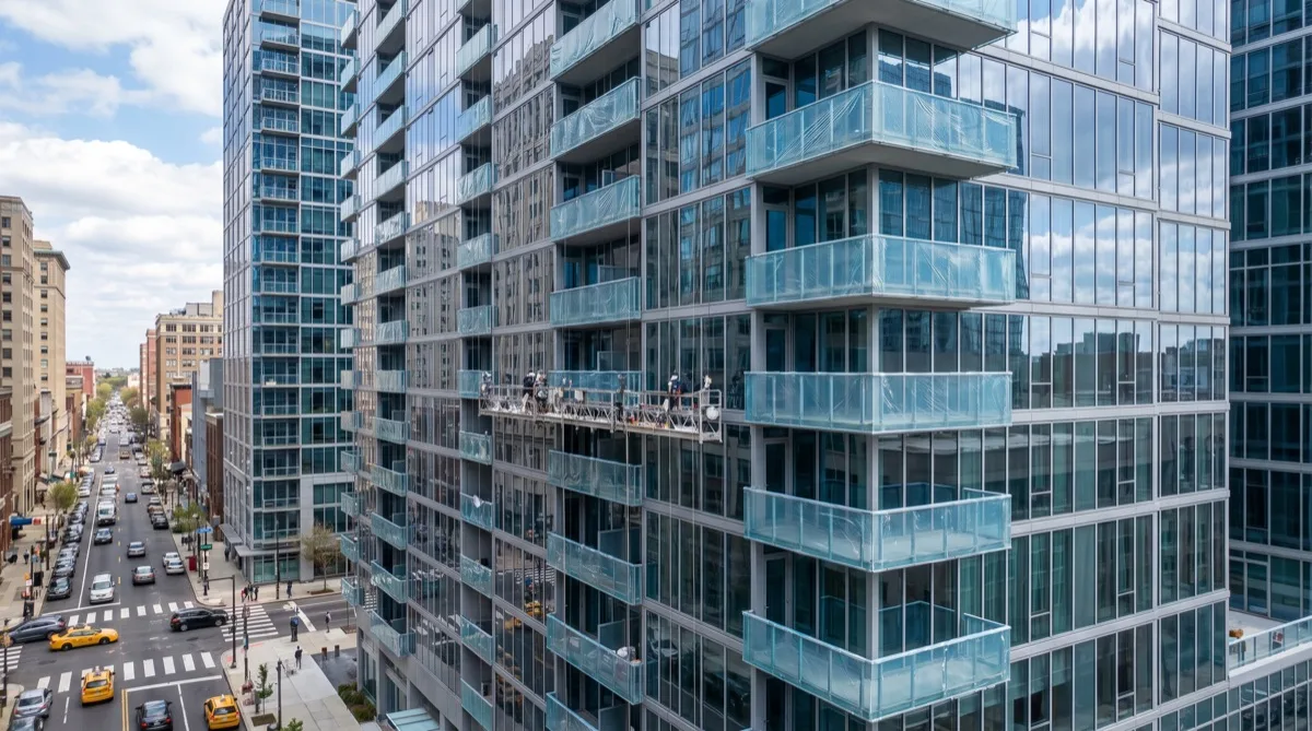 High-rise residential exterior refinishing — Philadelphia Philadelphia high-rise residential building with exterior refinishing film