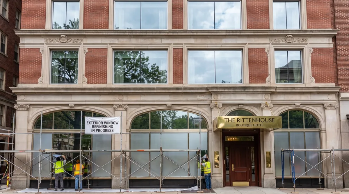 Hotel facade exterior refinishing — Philadelphia Philadelphia hotel facade restored with exterior refinishing film