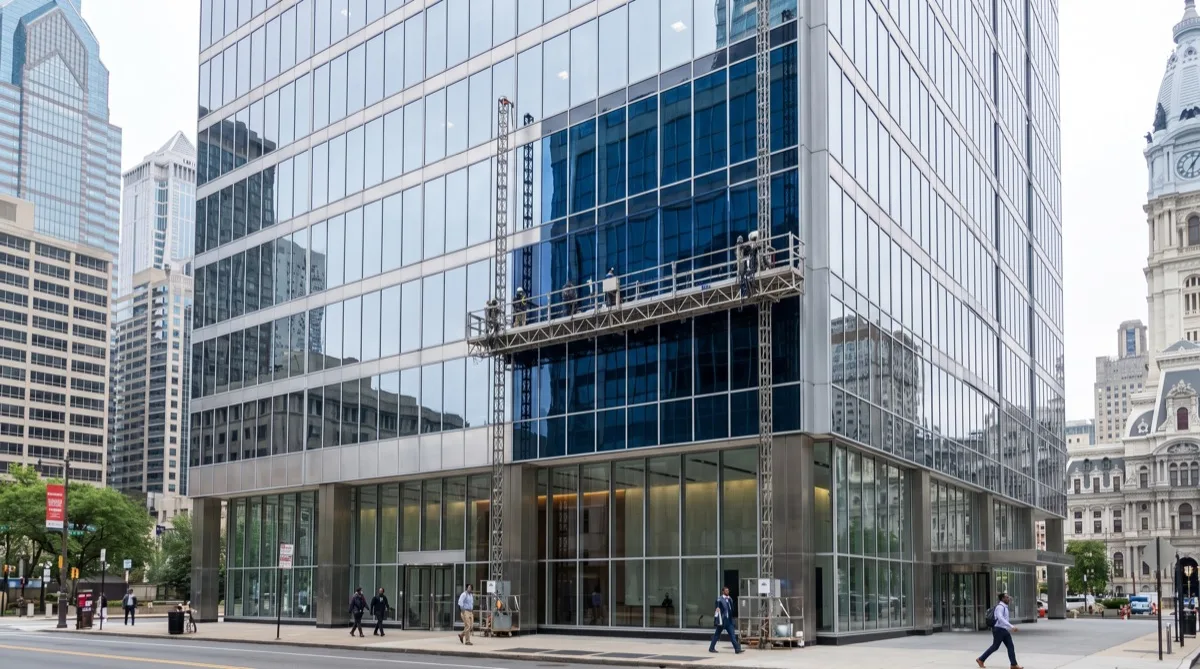 Office tower exterior refinishing — Philadelphia Philadelphia office tower with exterior refinishing film on curtain wall glass