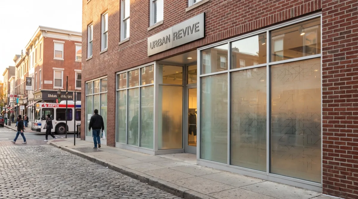 Retail storefront exterior refinishing — Philadelphia Philadelphia retail storefront with exterior refinishing film on glass facade