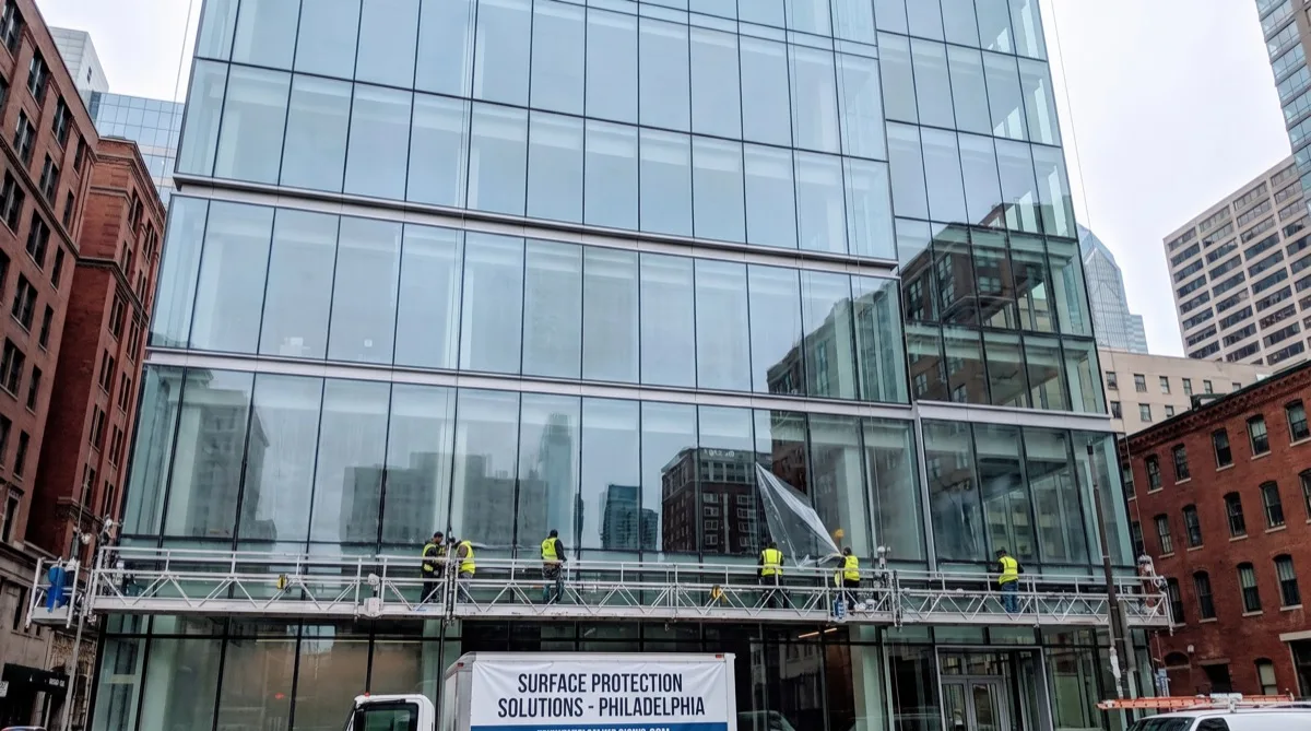 Surface protection film on commercial building exterior glass in Philadelphia