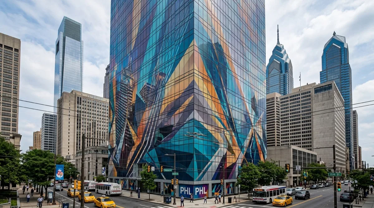 Perforated one-way vision exterior wrap on Philadelphia commercial building