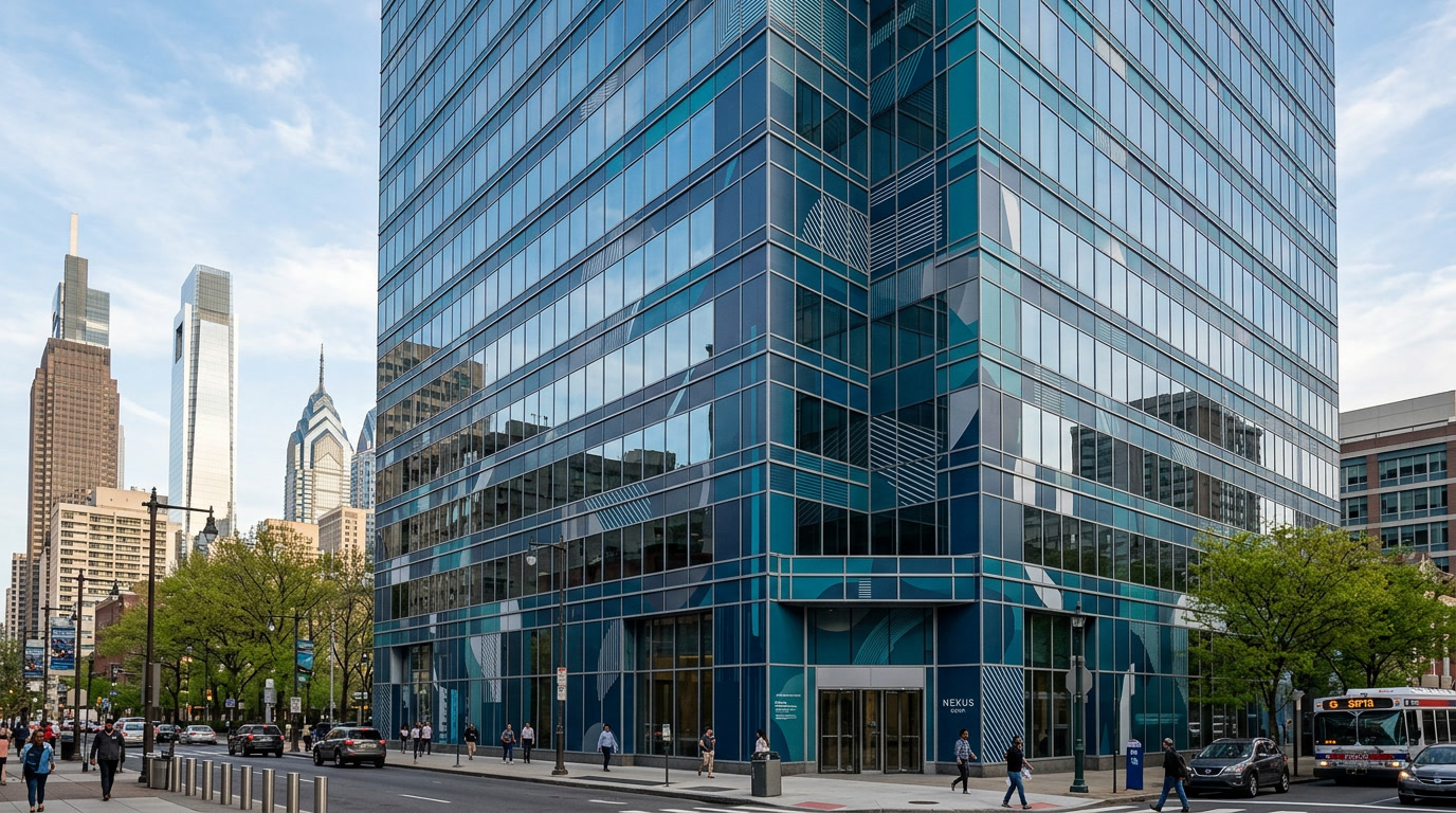 Exterior wrap film on Philadelphia office building glass facade