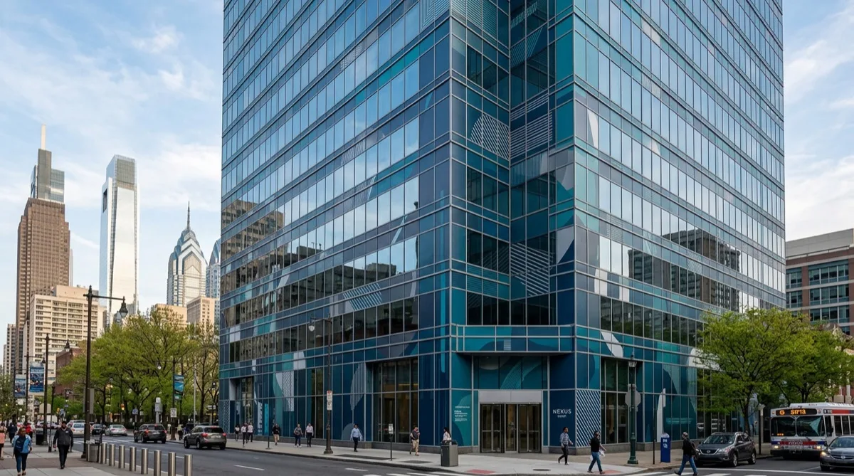 Exterior wrap film on Philadelphia office building glass facade
