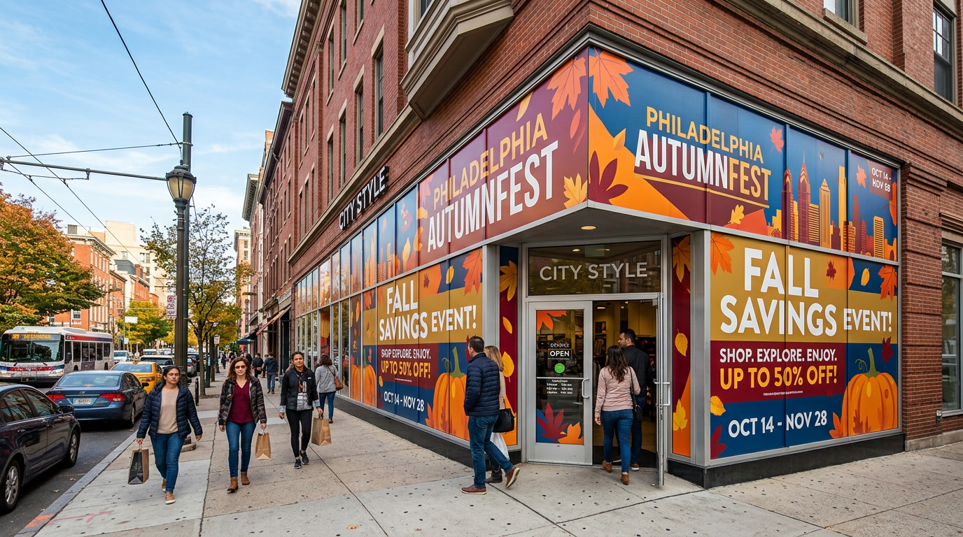 Temporary campaign building wrap on Philadelphia retail storefront
