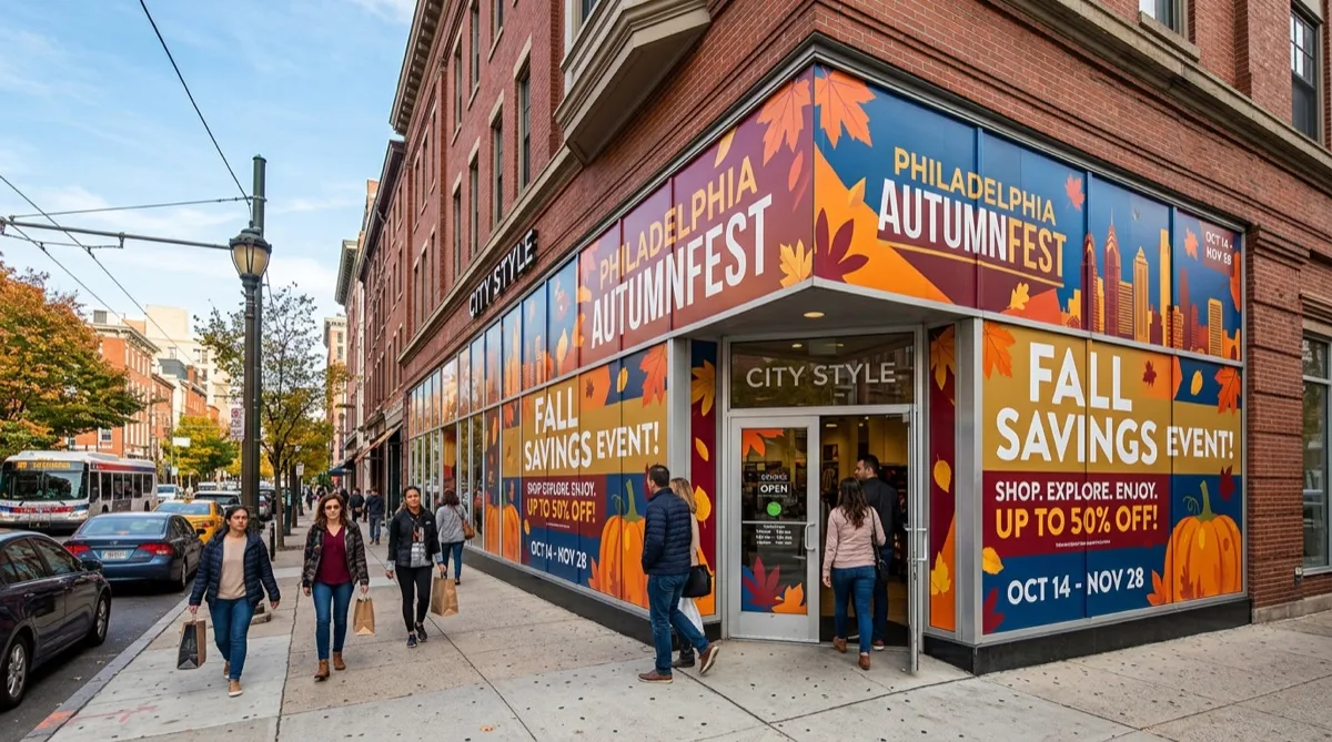 Temporary campaign building wrap on Philadelphia retail storefront