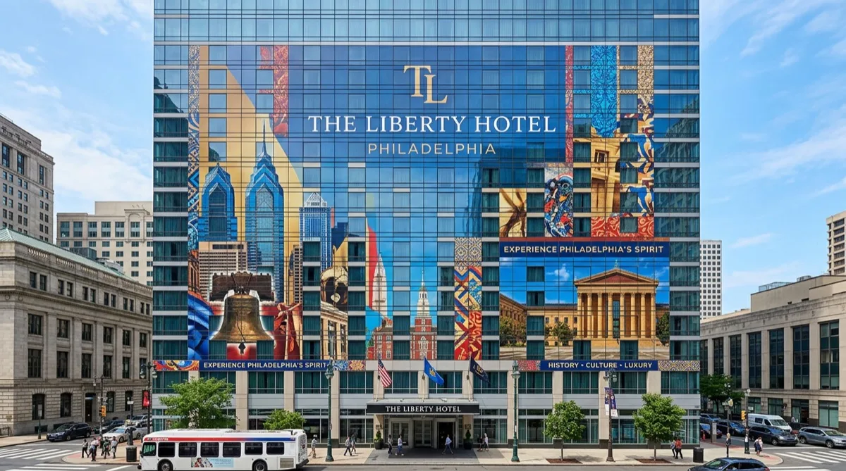 Exterior building wrap on Philadelphia hotel facade