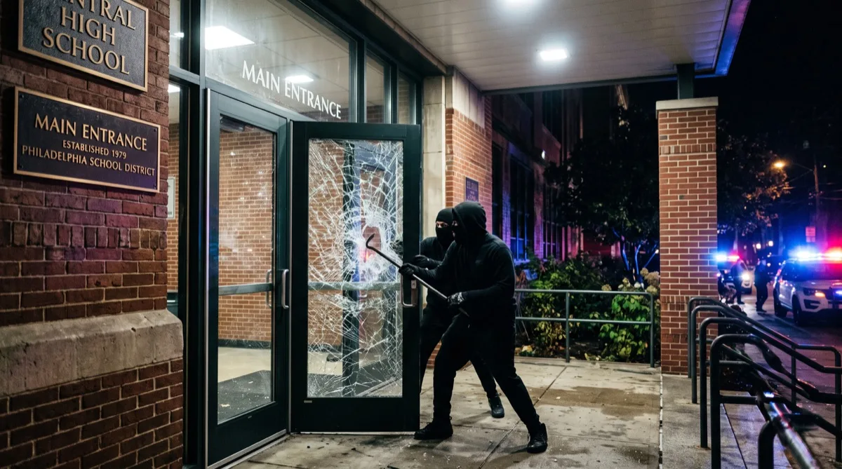 Forced entry protection window film on Philadelphia commercial entrance glass