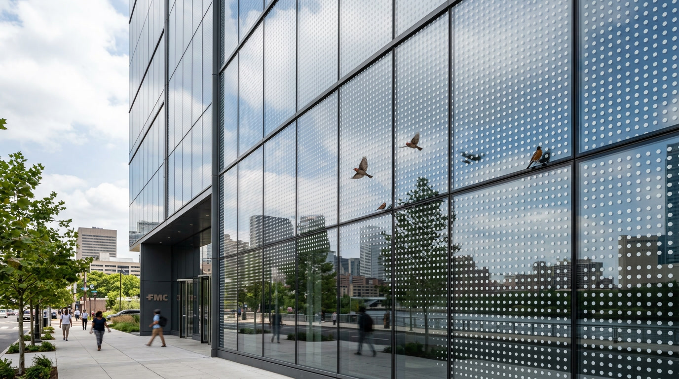 Fritted ceramic bird safe film in Philadelphia applied to commercial glass