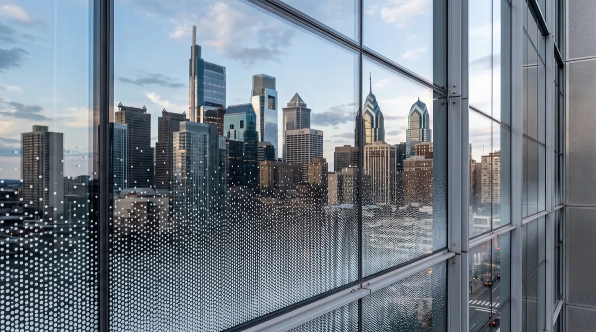 Fritted ceramic bird safe film in Philadelphia applied to commercial glass