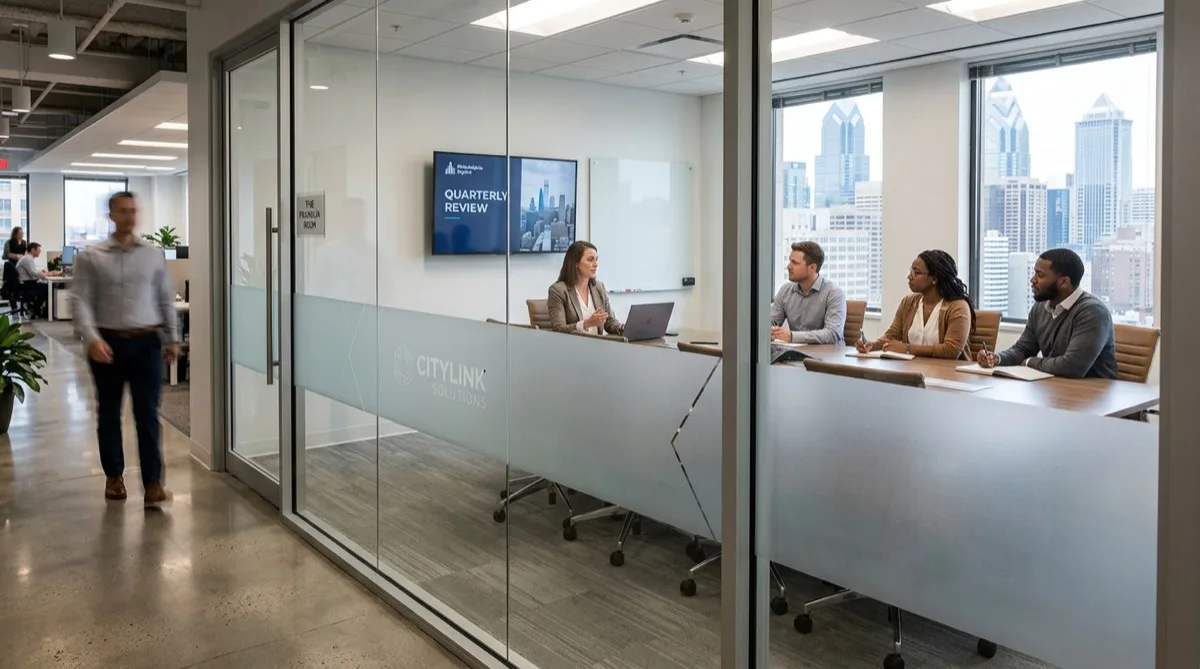 Frosted decorative window film on Philadelphia healthcare facility glass partition