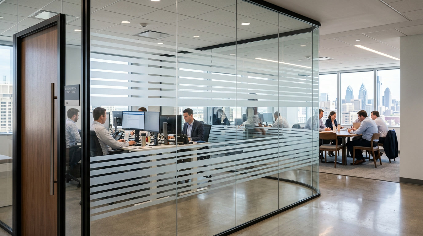 Gradient frosted decorative window film on Philadelphia office glass wall
