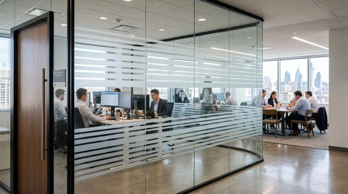Gradient frosted decorative window film on Philadelphia office glass wall