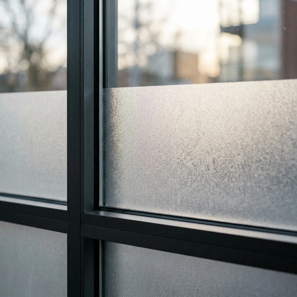 Close-up detail of frosted privacy window film texture on Philadelphia office glass