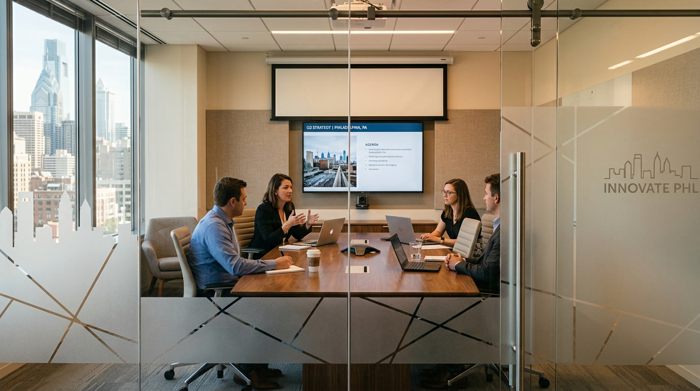 Frosted decorative window film on Philadelphia conference room glass partition