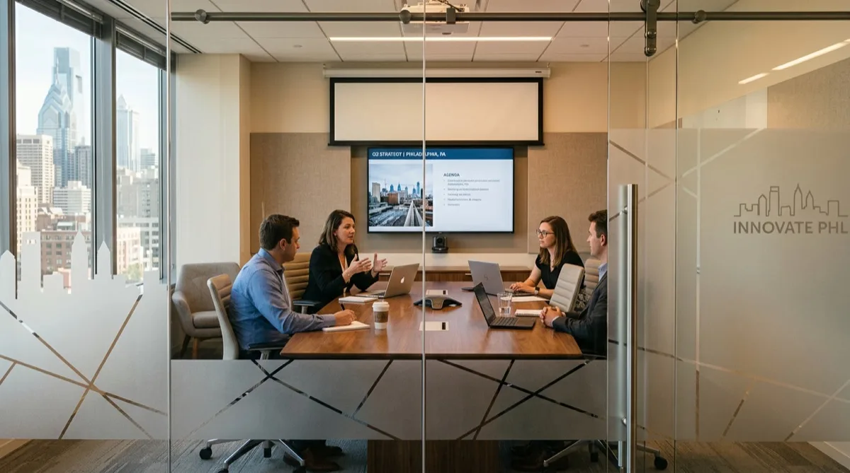 Frosted decorative window film on Philadelphia conference room glass partition