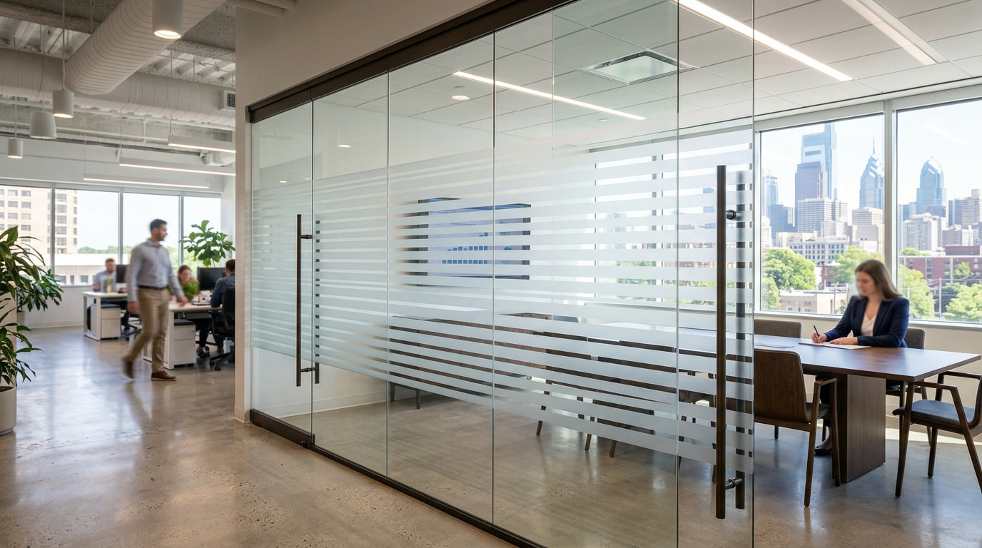 Frosted decorative window film on Philadelphia office glass wall partition