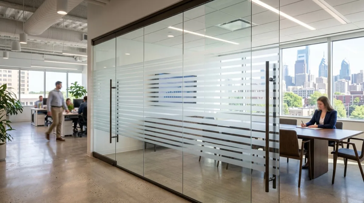 Frosted decorative window film on Philadelphia office glass wall partition