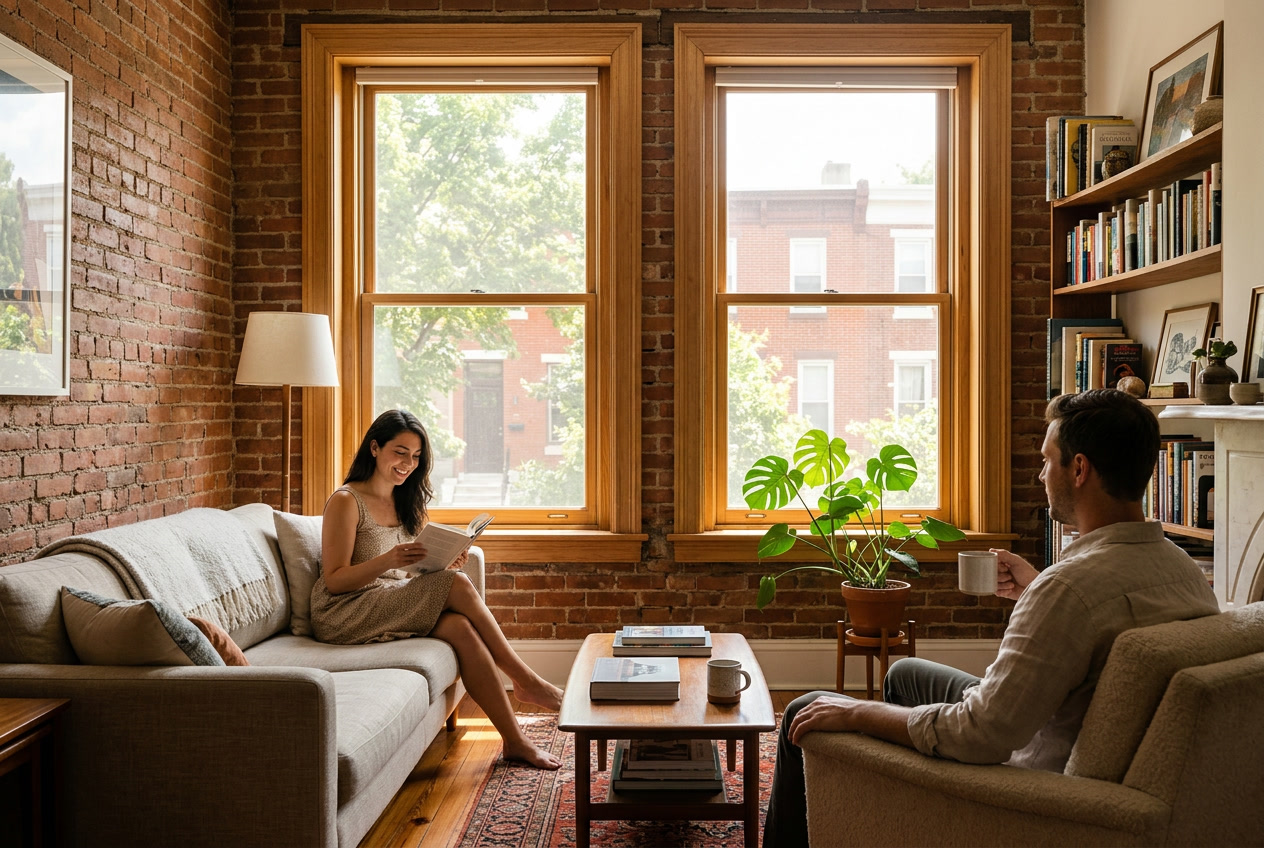 Dual-purpose solar and glare reduction window film in Philadelphia rowhouse - glare-free and comfortable in summer