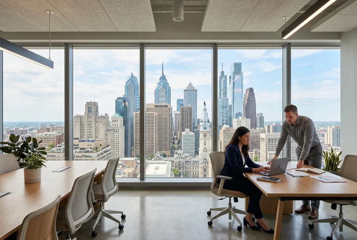 Low-reflectance glare reduction window film on Philadelphia commercial windows - clear city views, no mirror effect or interior reflections