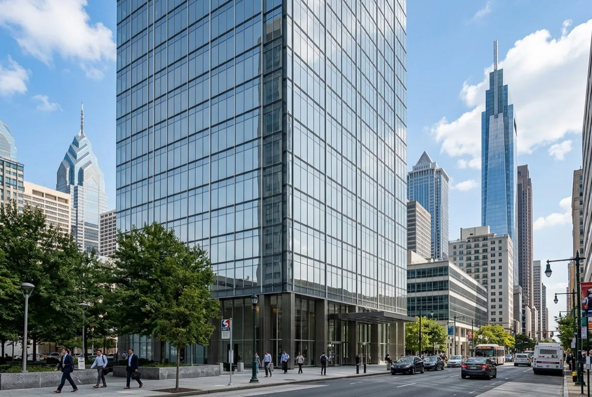 Neutral density glare reduction window film on Philadelphia office building - consistent glare control across all wavelengths