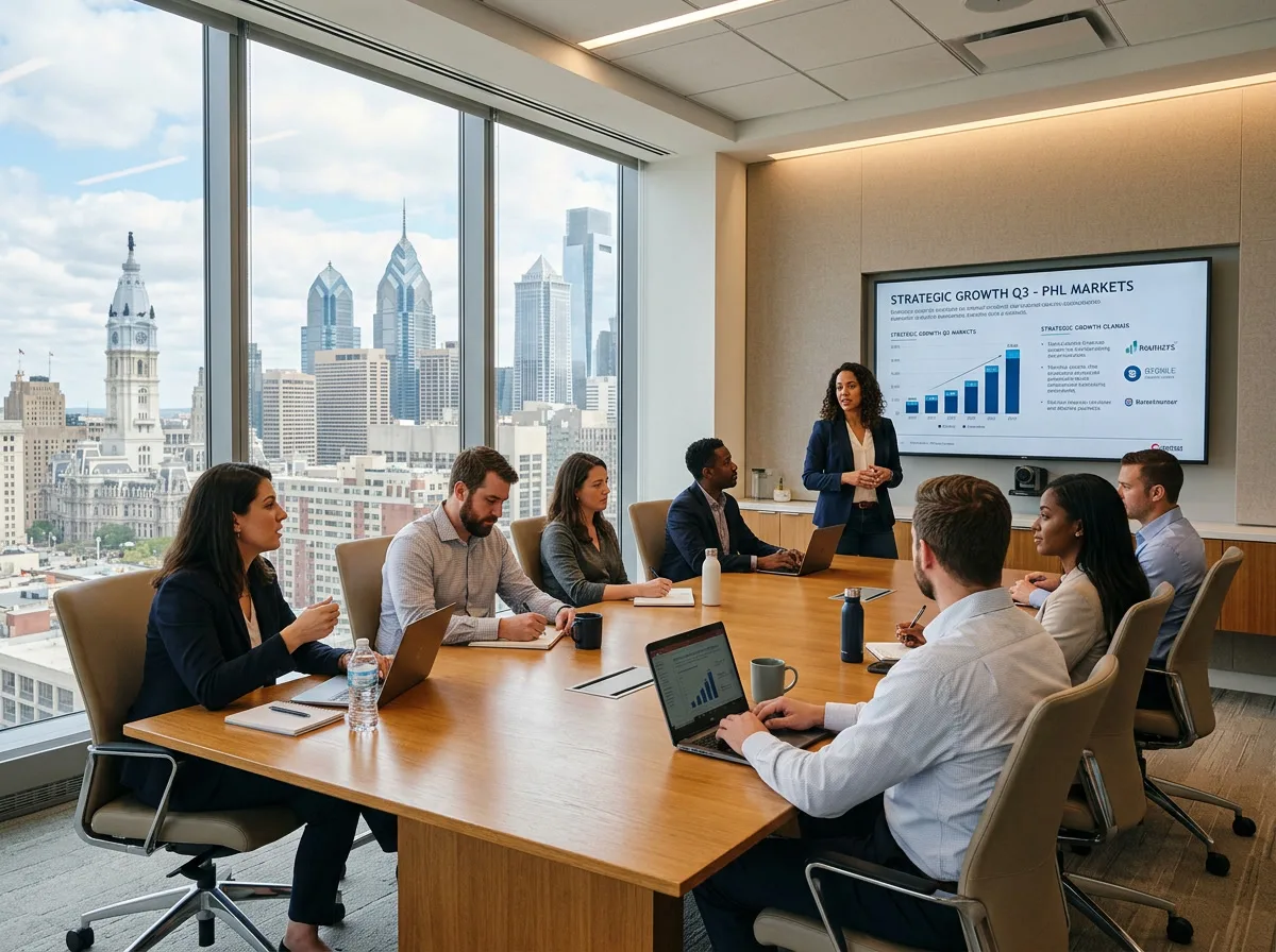 Philadelphia conference room with glare reduction window film - productive glare-free workspace, team meeting with no screen reflections