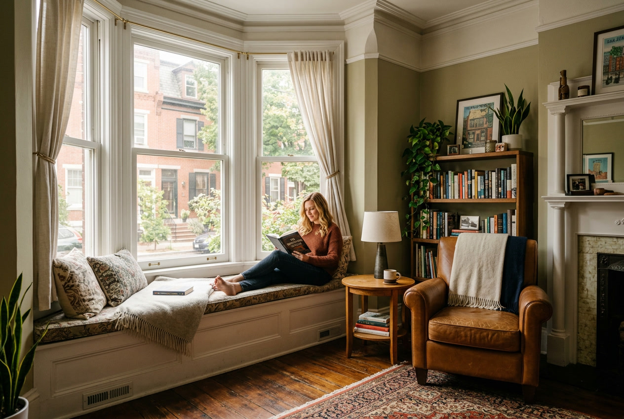 Interior of a Philadelphia rowhome with south-facing bay windows, warm comfortable glare-free light after glare reduction window film installation
