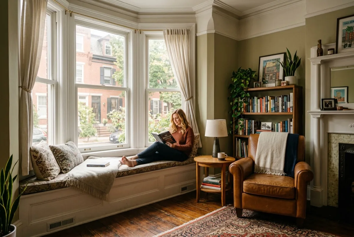 Interior of a Philadelphia rowhome with south-facing bay windows, warm comfortable glare-free light after glare reduction window film installation