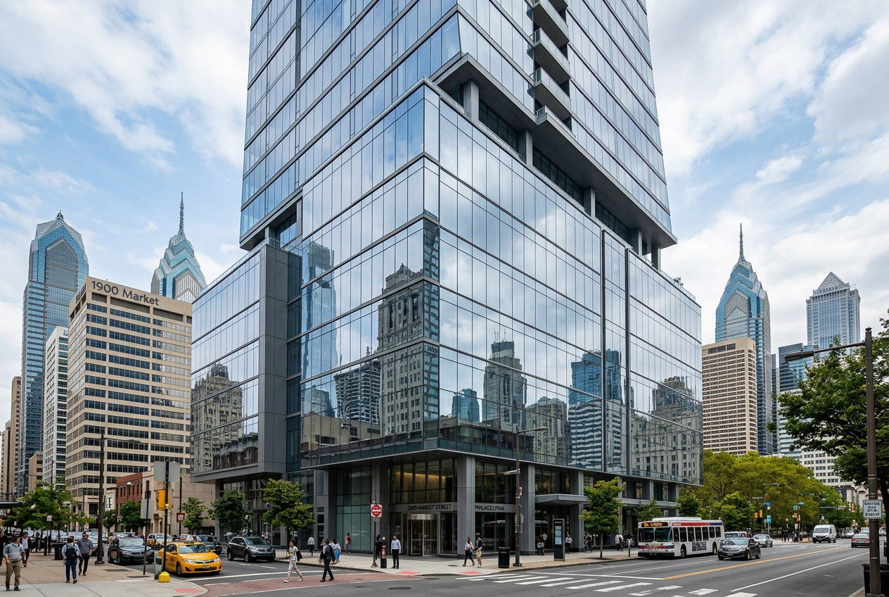 Center City Philadelphia office building exterior with floor-to-ceiling glass after glare reduction window film installation, architectural photography