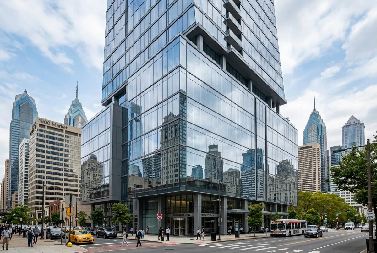 Center City Philadelphia office building exterior with floor-to-ceiling glass after glare reduction window film installation, architectural photography