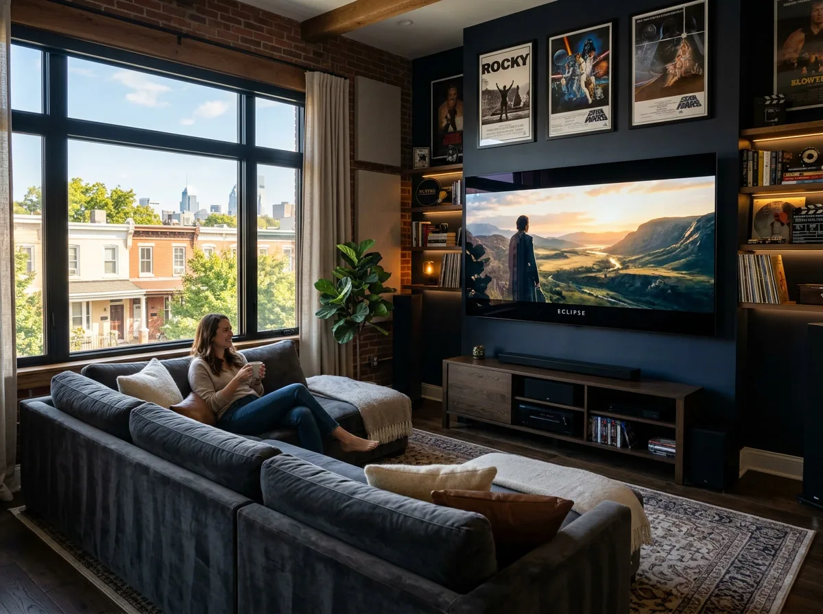 Philadelphia home theater with glare reduction window film - TV screen showing crisp clear picture with no reflections from west-facing window