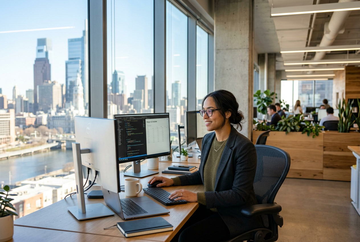 Office worker in Philadelphia open plan office, no eye strain near windows, monitors clearly visible after glare reduction window film installation