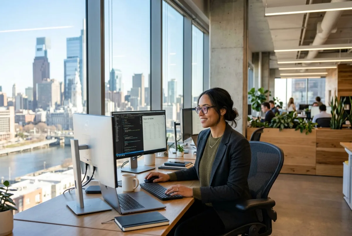 Office worker in Philadelphia open plan office, no eye strain near windows, monitors clearly visible after glare reduction window film installation