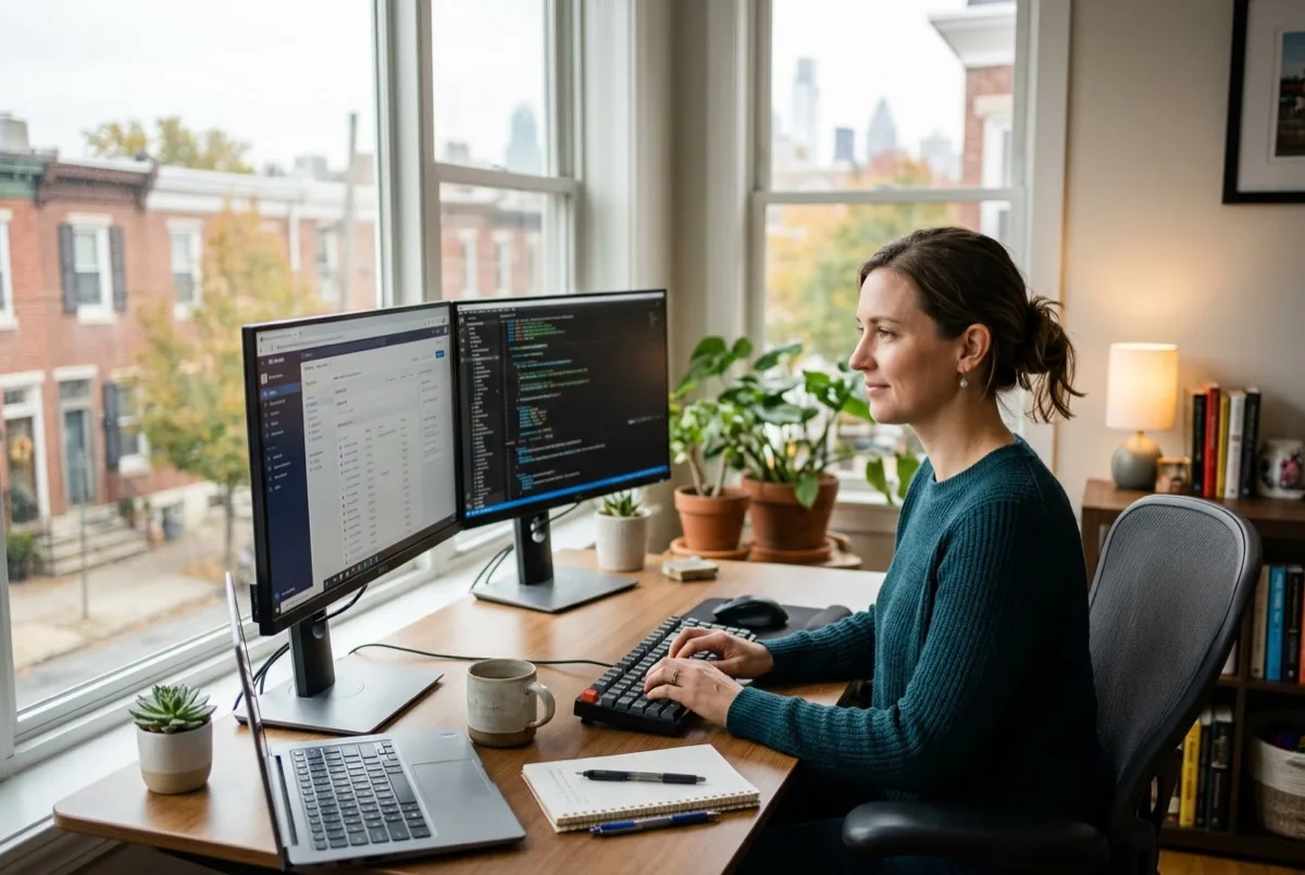 Philadelphia home office worker at computer desk near large window, comfortable and focused without glare, glare reduction window film installed