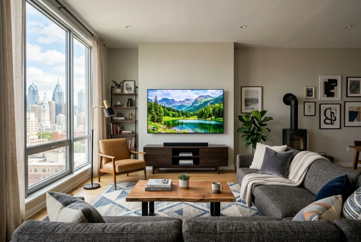 Philadelphia living room with large TV showing crisp clear picture, no glare or reflections from windows, comfortable light after glare reduction film