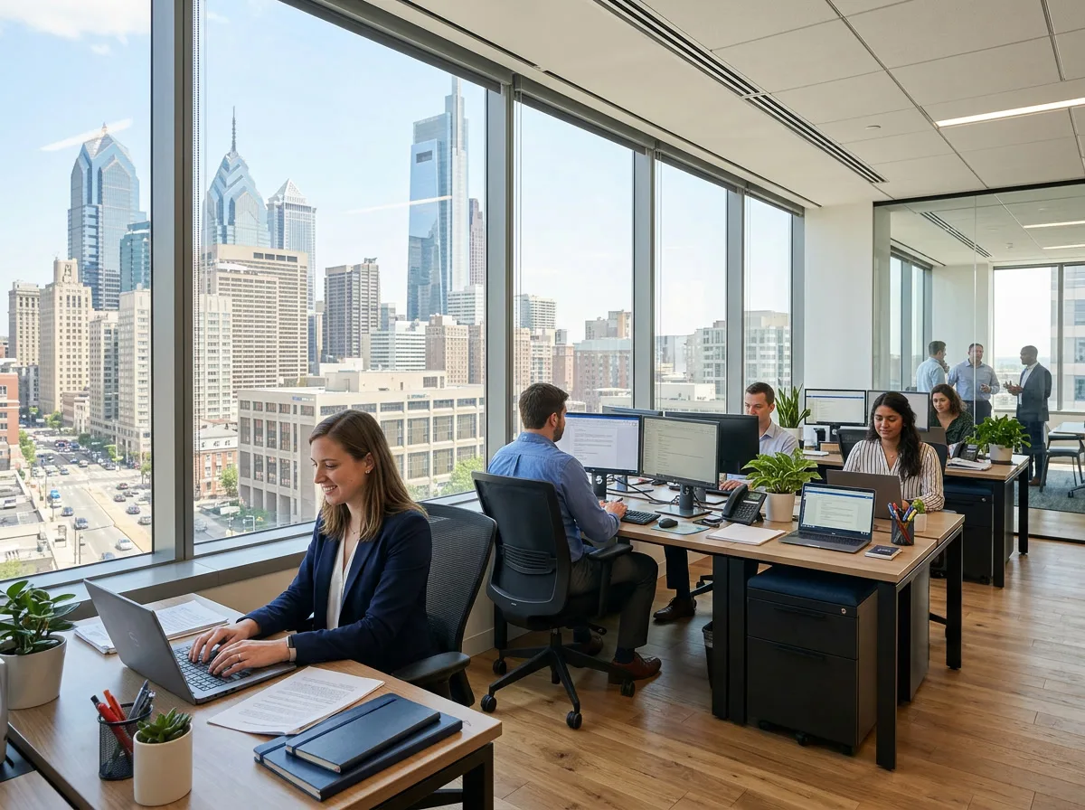 Philadelphia Center City commercial office with glare reduction window film - employees working comfortably at desks near windows, no squinting