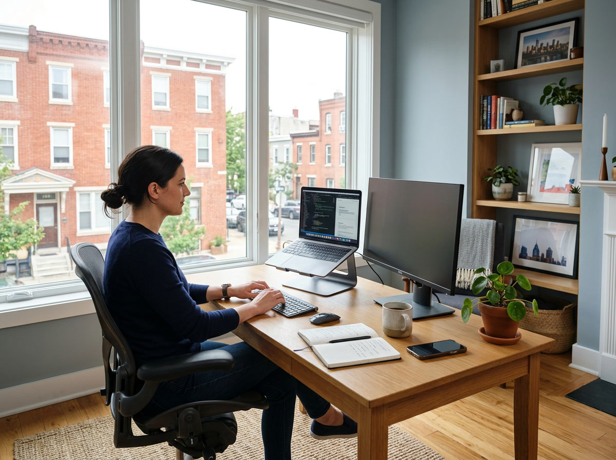 Philadelphia home office with glare reduction window film - computer screen clearly visible without reflections, soft diffused natural light