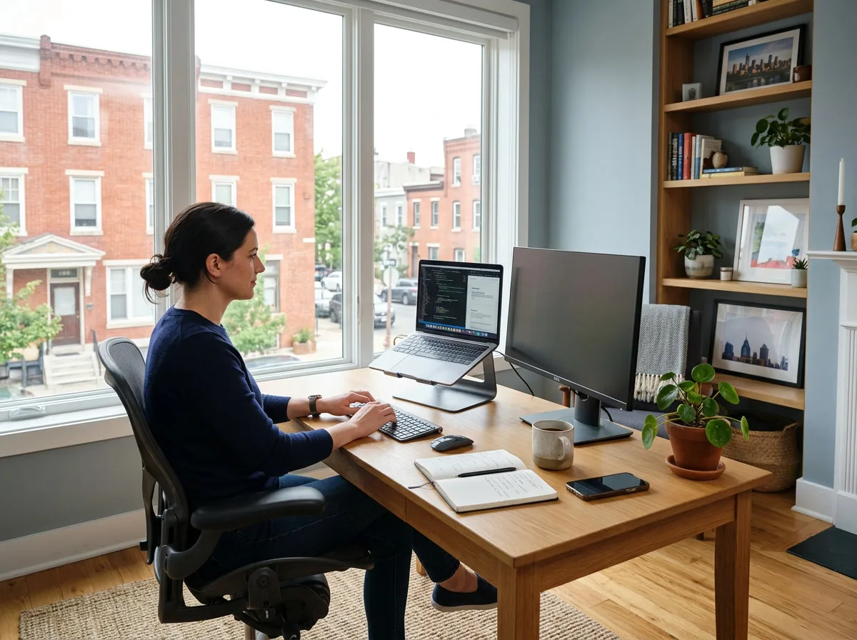 Philadelphia home office with glare reduction window film - computer screen clearly visible without reflections, soft diffused natural light