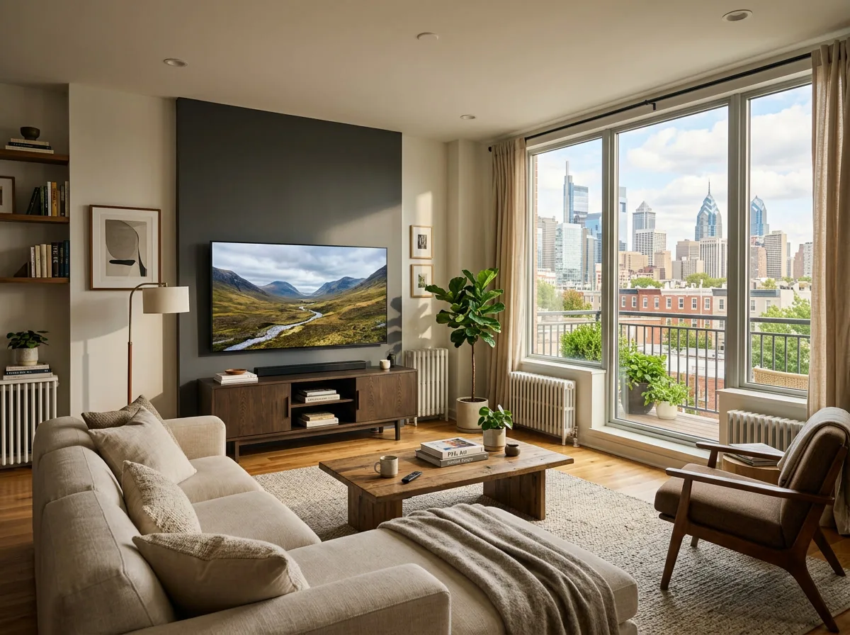 Philadelphia living room with large flat-screen TV clearly visible after glare reduction window film - comfortable afternoon viewing, no screen reflections