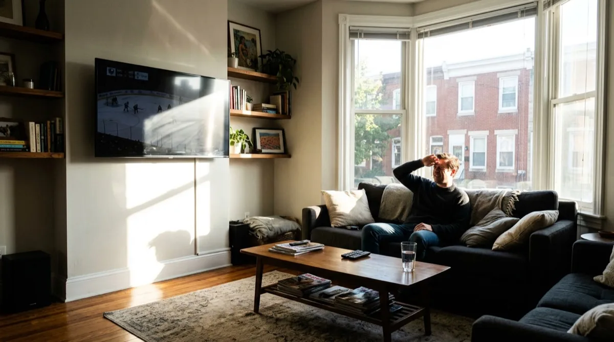 Philadelphia living room with west-facing windows creating harsh afternoon glare across TV screen and sofa - showing why glare reduction window film is needed