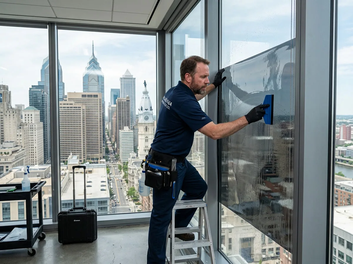 Professional window film installer applying glare reduction film to large office window in Philadelphia - skilled application with city skyline visible through glass