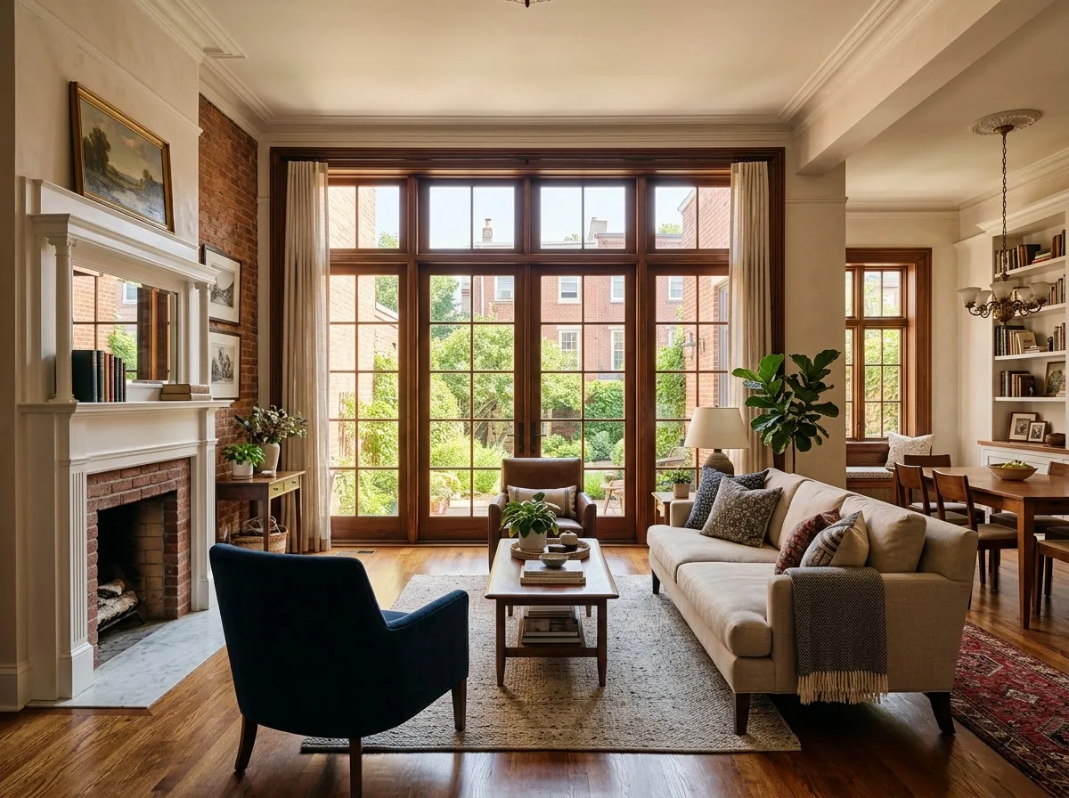 Bright Philadelphia rowhouse interior with softly filtered natural light through treated windows, no harsh glare