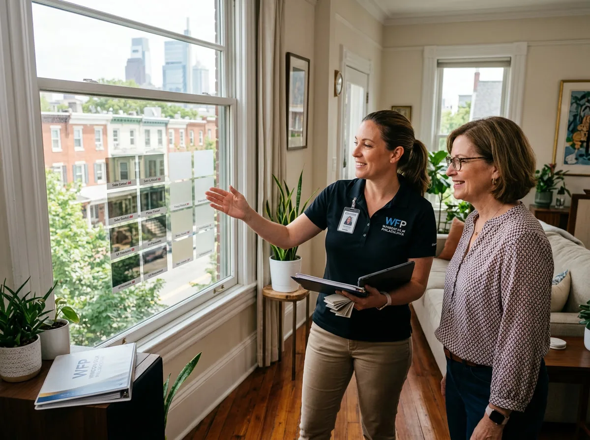 Window Film Philadelphia specialist consulting with a homeowner reviewing glare reduction film options in a Philadelphia living room