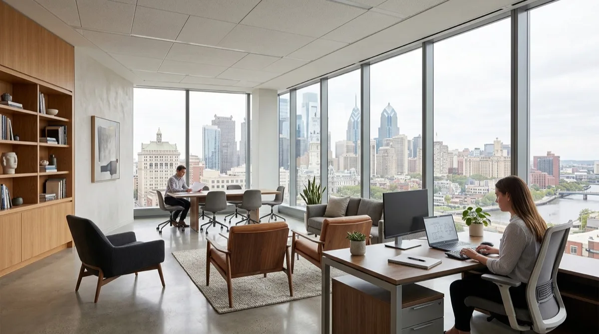 Elegant Philadelphia interior with clear comfortable natural daylight after glare reduction window film installation - no harsh reflections, person working at desk near bright window